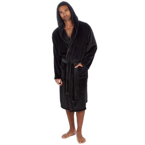 Pierre Roche Men's Hooded Fleece Dressing Gown with Contrast Belt & Pockets
