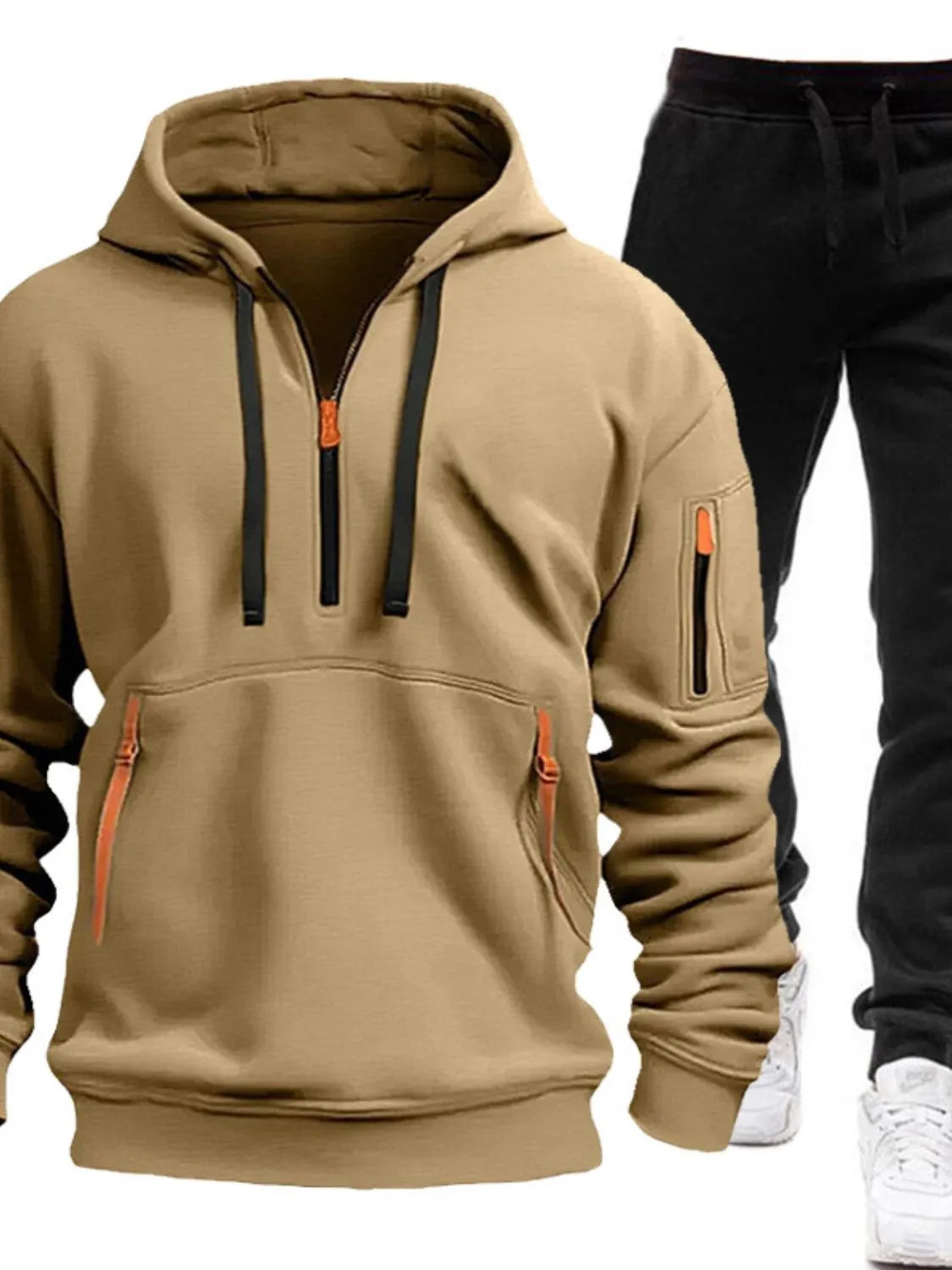 Men's Full Size Drawstring Half Zip Hoodie and Pants Set Plus Size