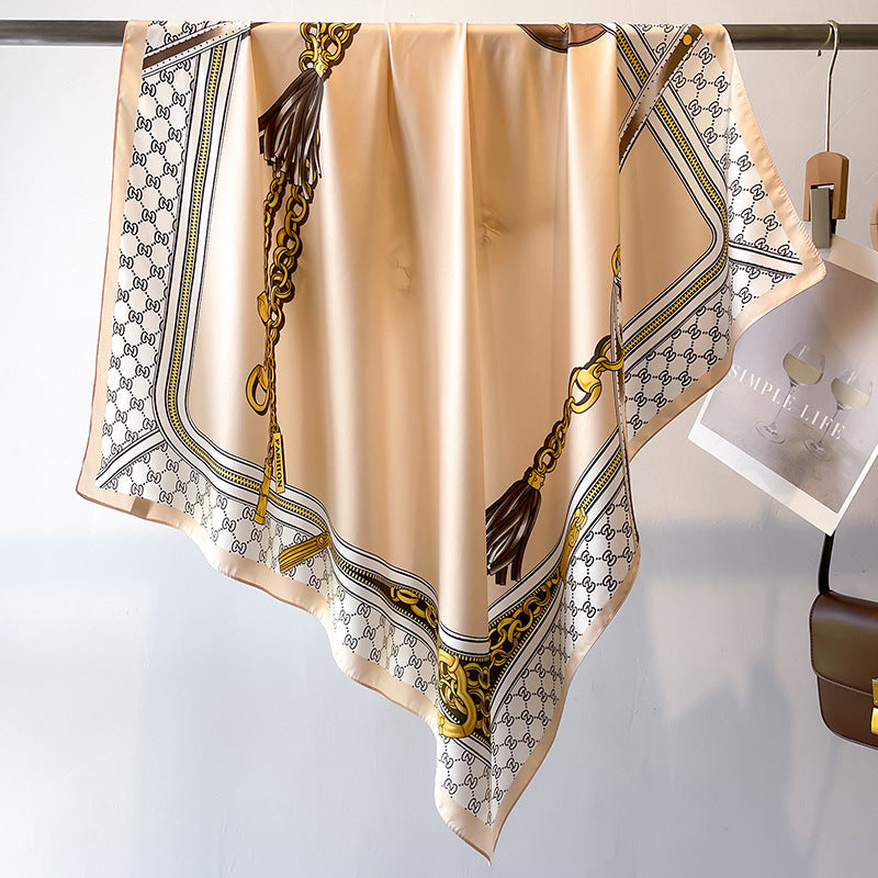 Women's Premium Twill Silk Scarf, Large Printed 90/90cm Striped Square Scarf