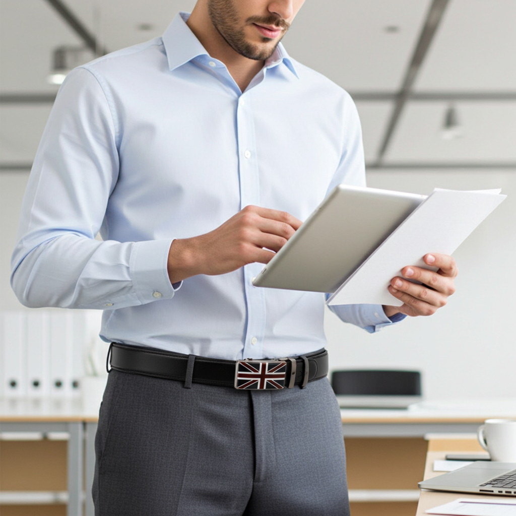 QHA Mens Union Jack British Flag 35mm Leather Ratchet Belt Automatic Buckle Q53