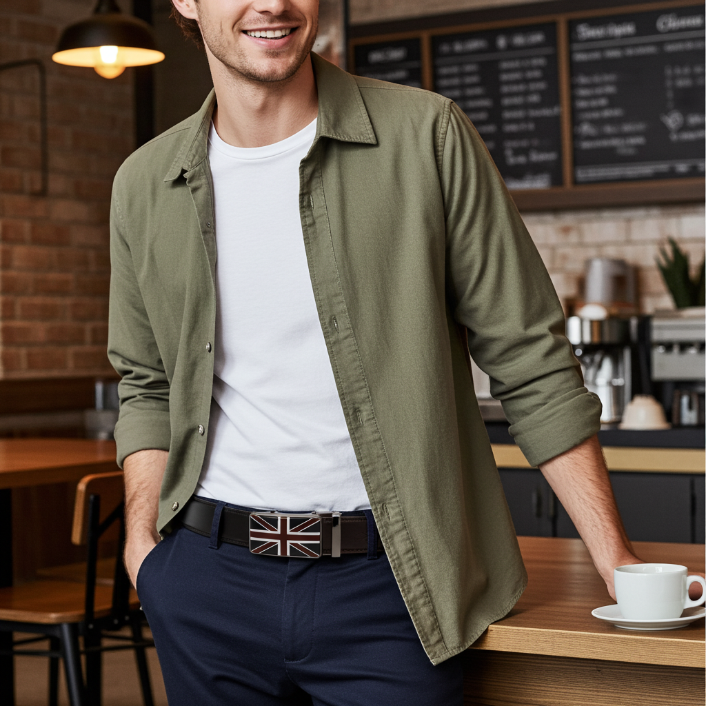 QHA Mens Union Jack British Flag 35mm Leather Ratchet Belt Automatic Buckle Q53