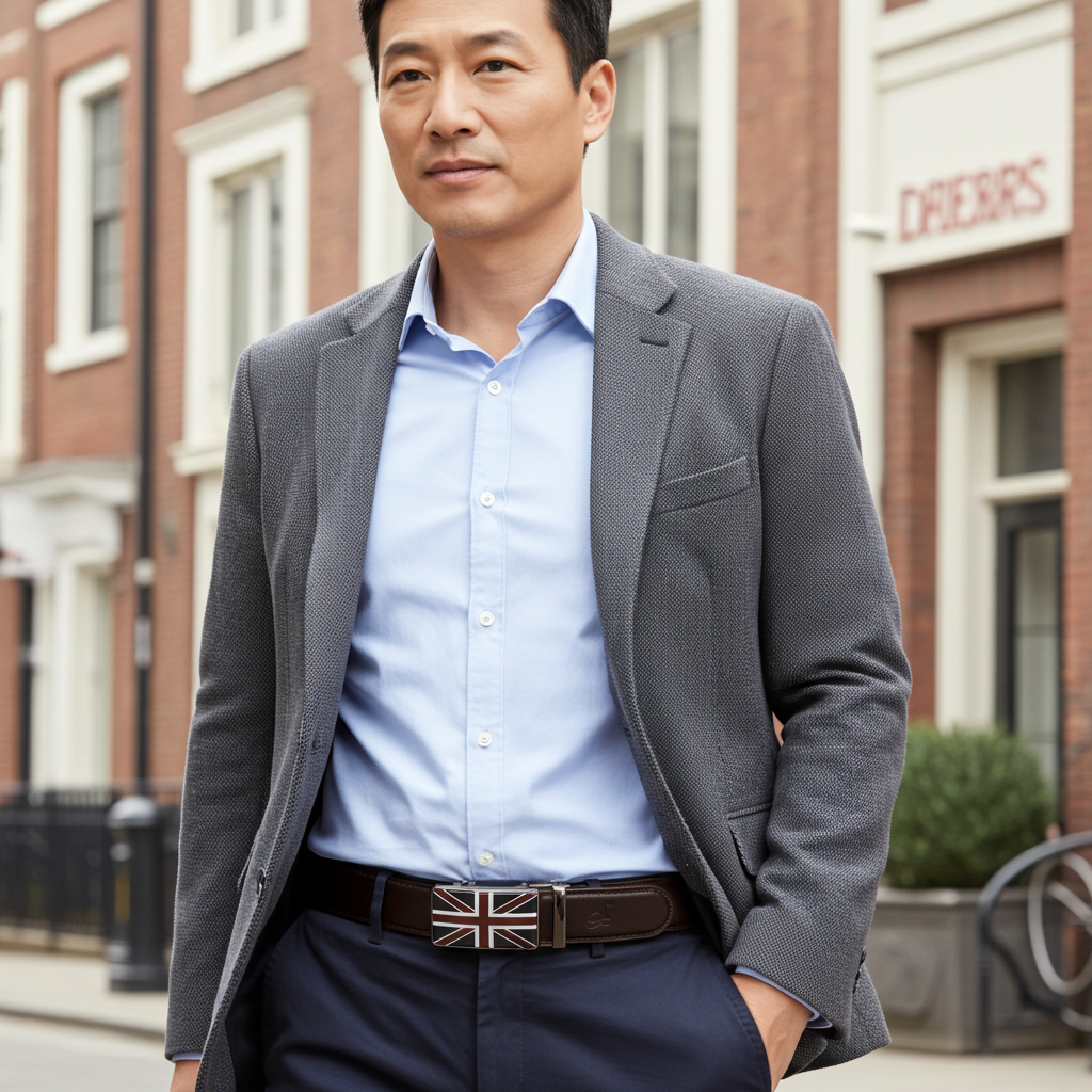 QHA Mens Union Jack British Flag 35mm Leather Ratchet Belt Automatic Buckle Q53