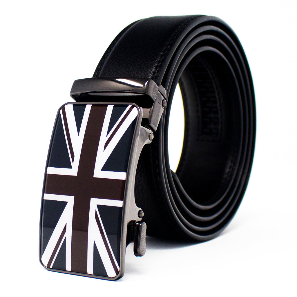 QHA Mens Union Jack British Flag 35mm Leather Ratchet Belt Automatic Buckle Q53