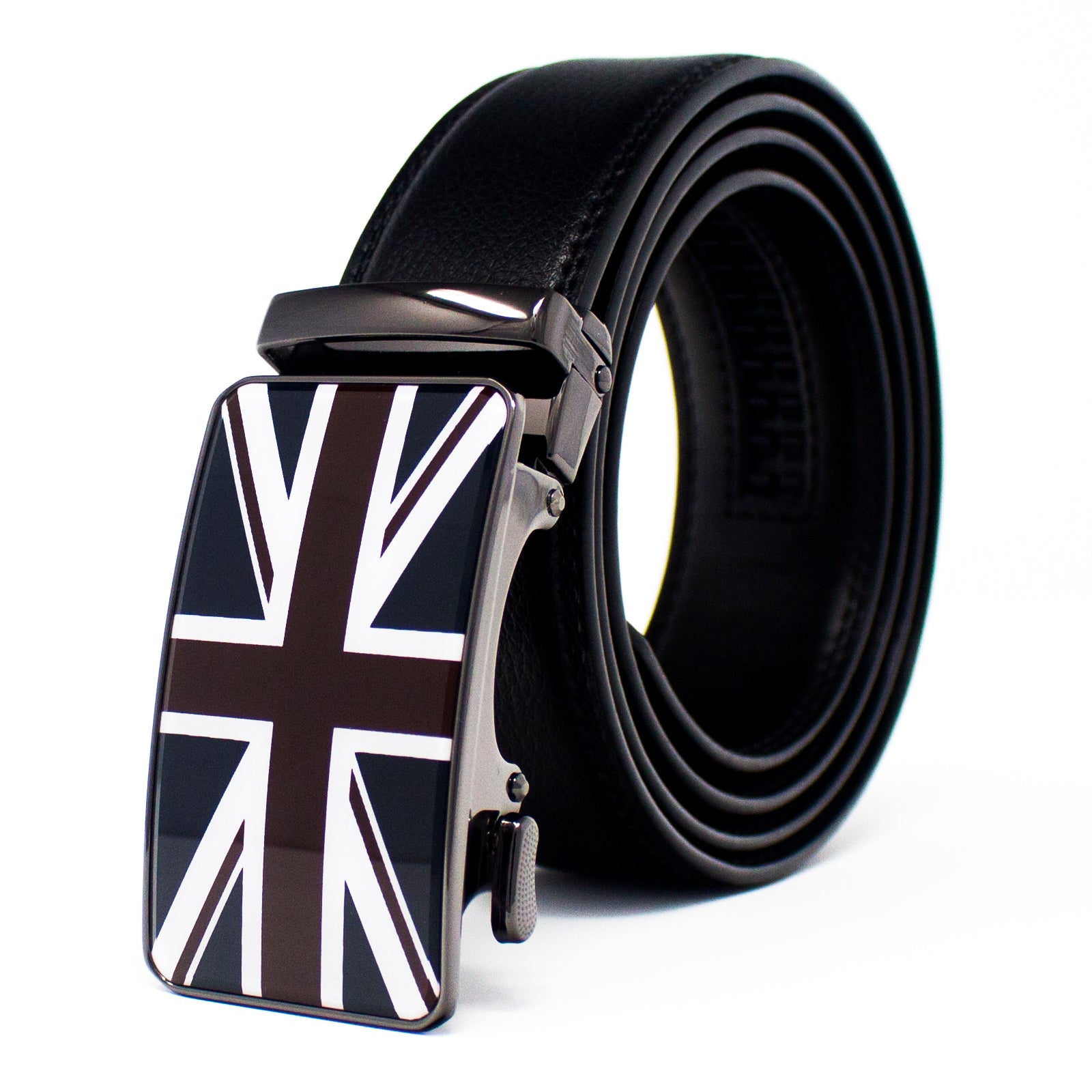 QHA Mens Union Jack British Flag 35mm Leather Ratchet Belt Automatic Buckle Q53