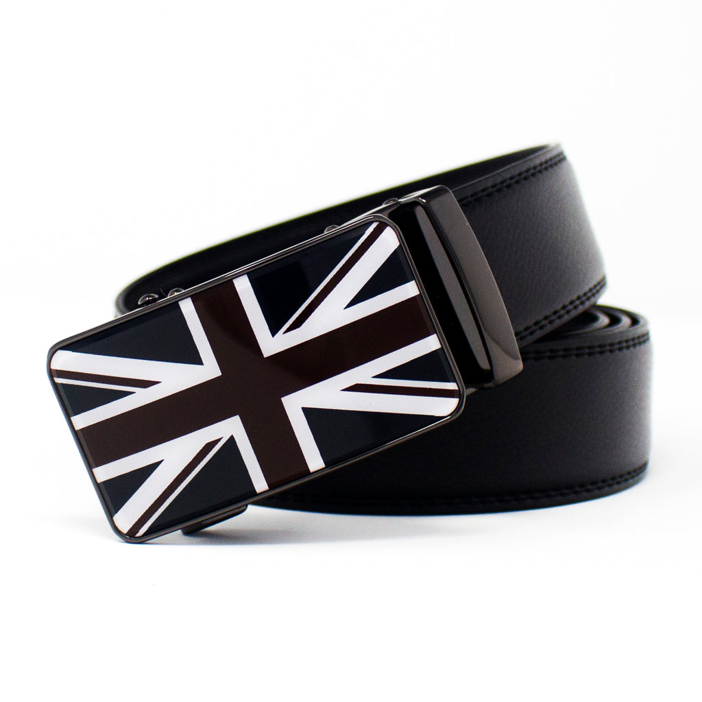 QHA Mens Union Jack British Flag 35mm Leather Ratchet Belt Automatic Buckle Q53