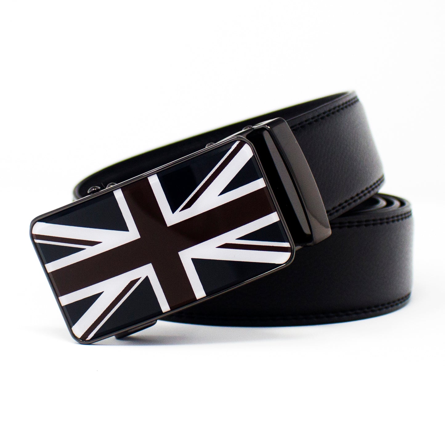 QHA Mens 35mm Ratchet Leather Belt Union Jack British Flag Automatic Buckle Q53