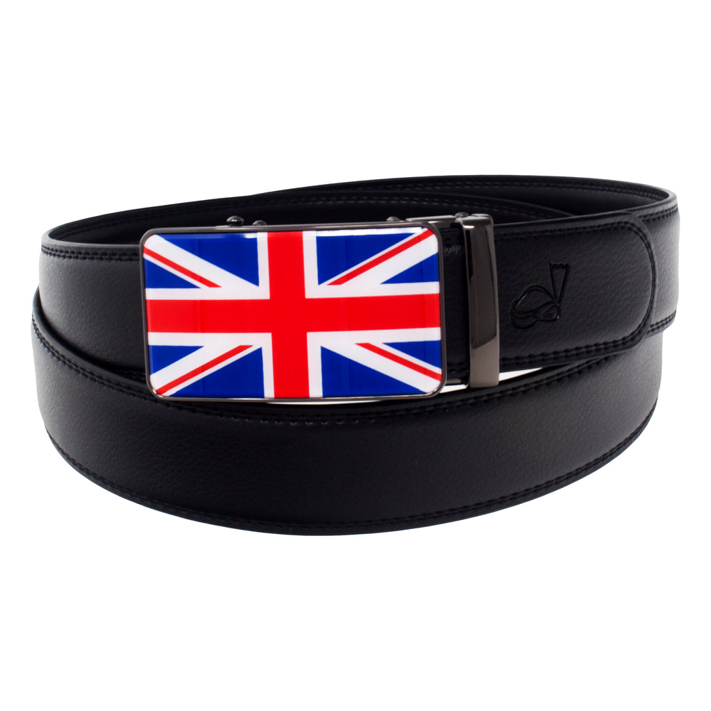 QHA Mens Union Jack British Flag 35mm Leather Ratchet Belt Automatic Buckle Q53