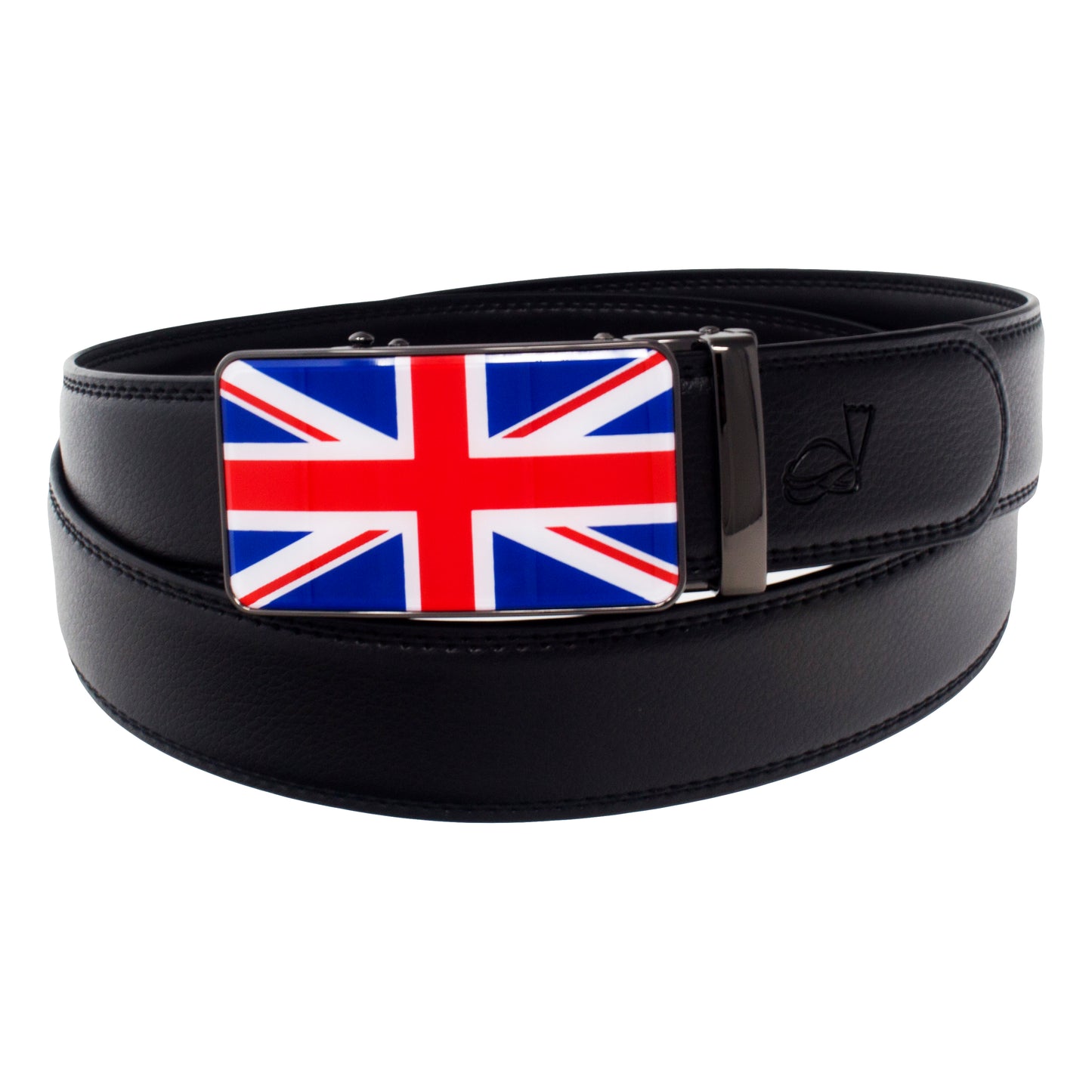 QHA Mens 35mm Ratchet Leather Belt Union Jack British Flag Automatic Buckle Q53