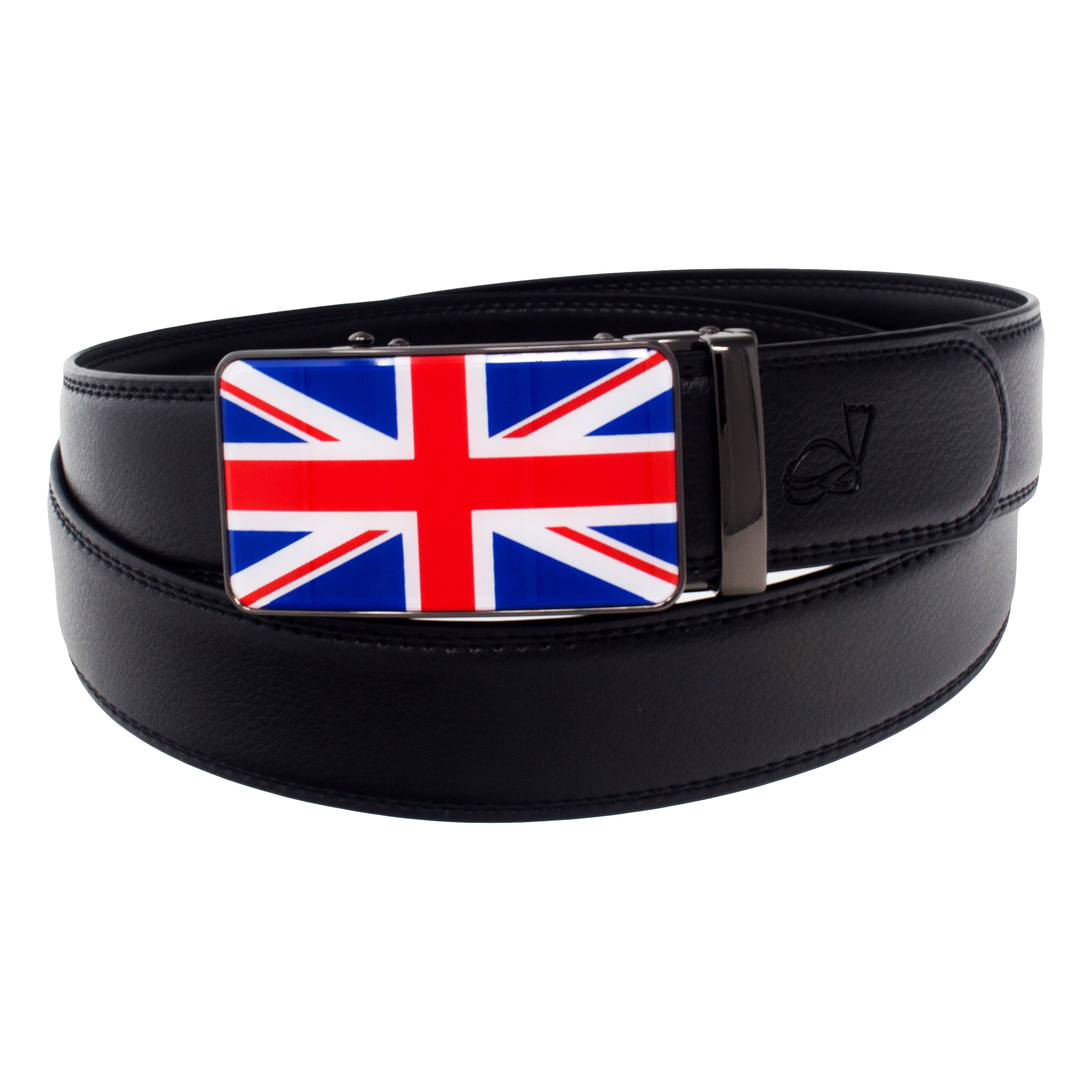 QHA Mens Union Jack British Flag 35mm Leather Ratchet Belt Automatic Buckle Q53
