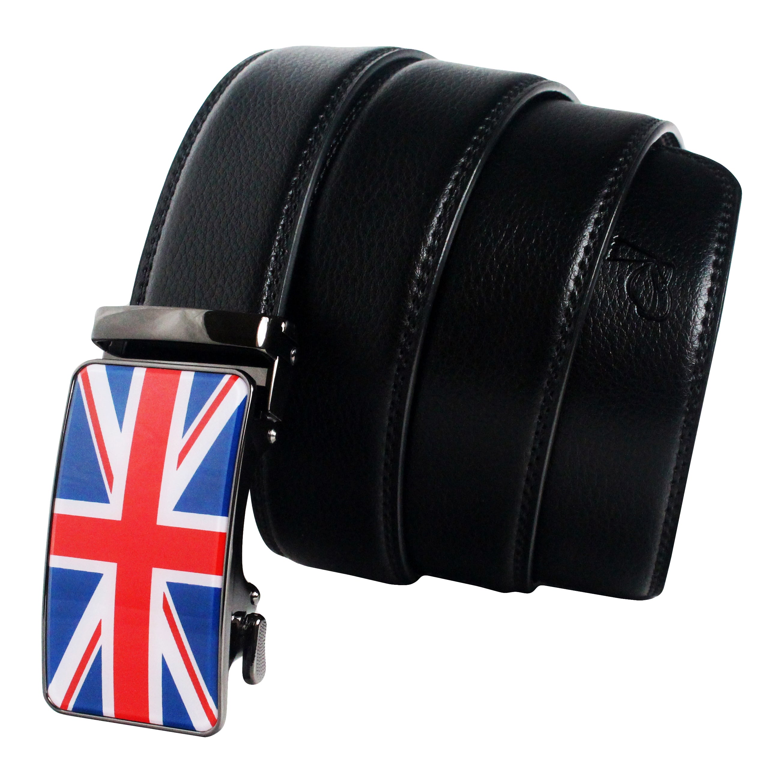 QHA Mens Union Jack British Flag 35mm Leather Ratchet Belt Automatic Buckle Q53