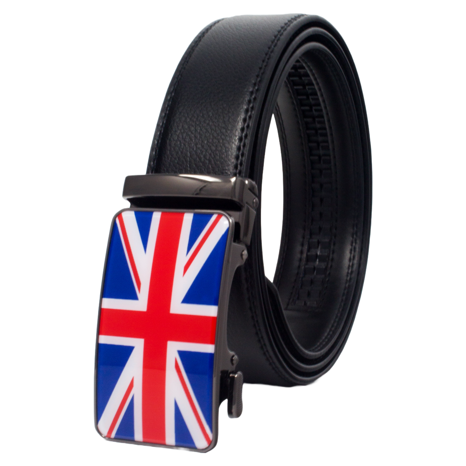 QHA Mens Union Jack British Flag 35mm Leather Ratchet Belt Automatic Buckle Q53
