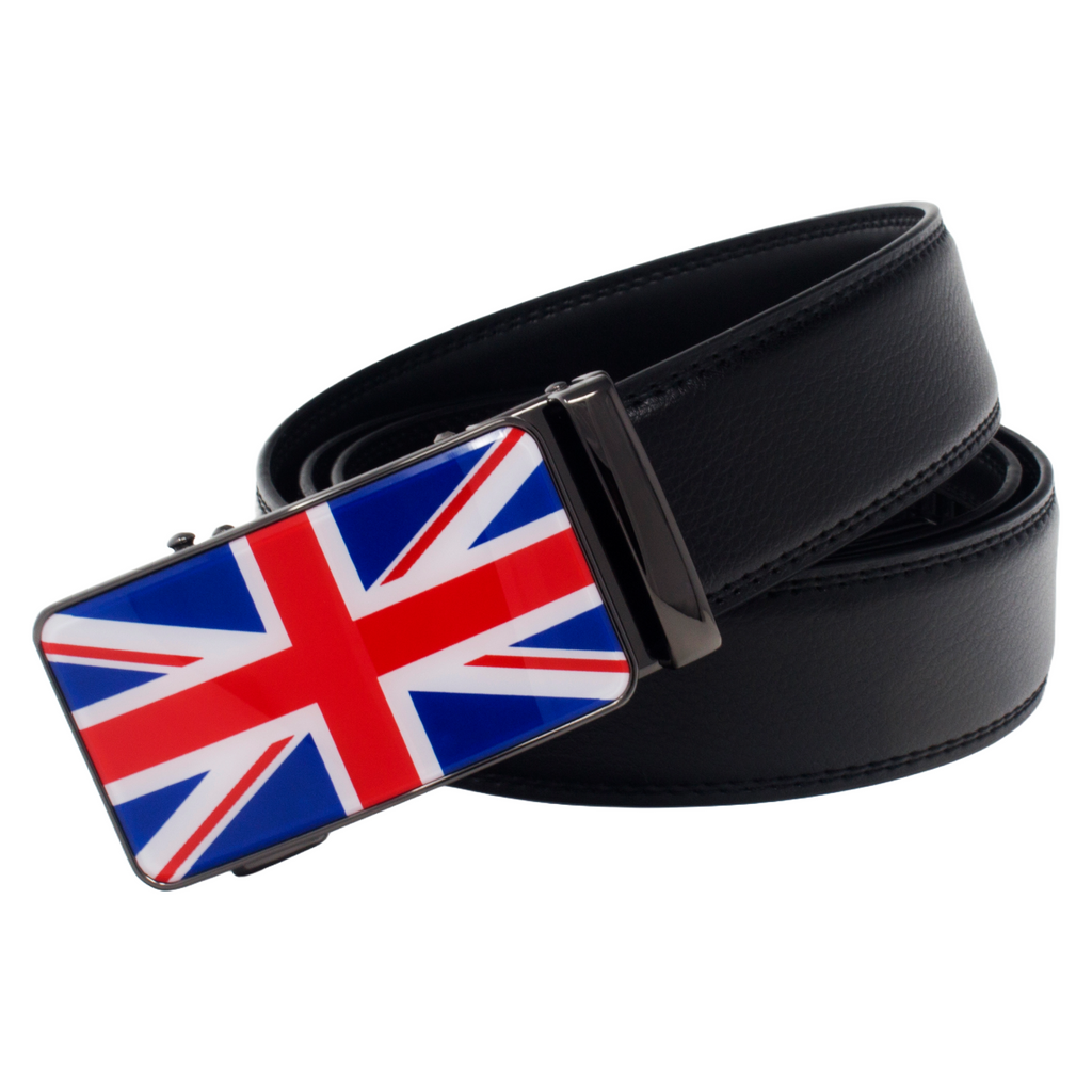 QHA Mens Union Jack British Flag 35mm Leather Ratchet Belt Automatic Buckle Q53