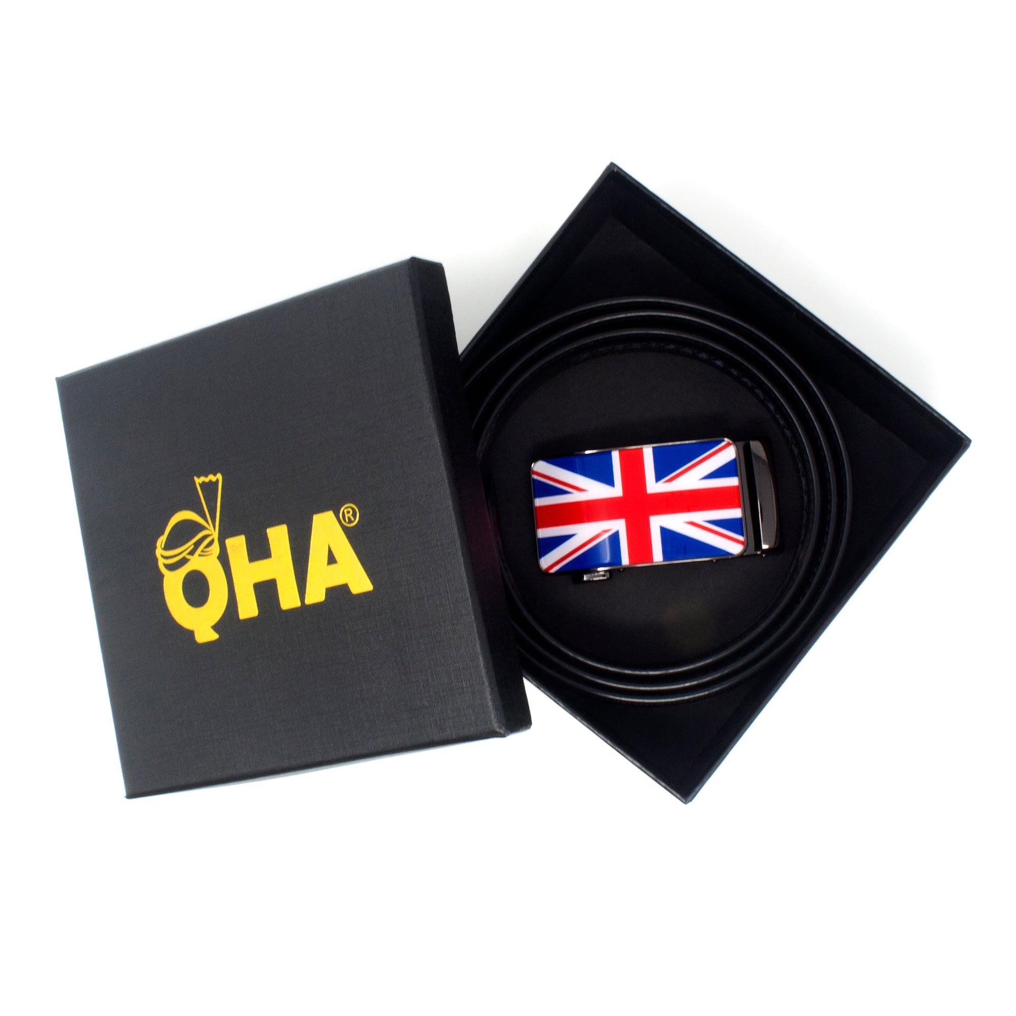 QHA Mens Union Jack British Flag 35mm Leather Ratchet Belt Automatic Buckle Q53