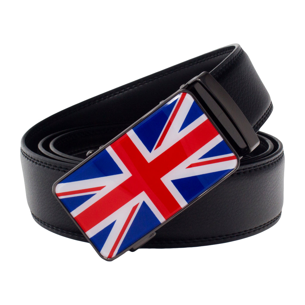 QHA Mens Union Jack British Flag 35mm Leather Ratchet Belt Automatic Buckle Q53