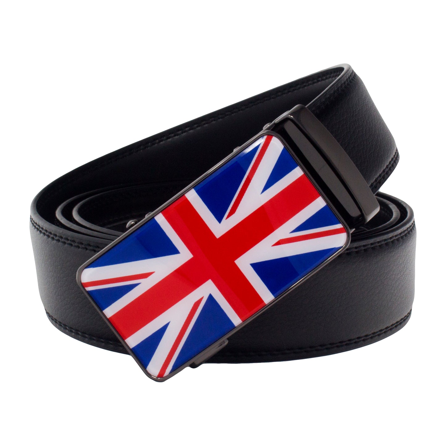 Black belt with a Union Jack buckle on a white background