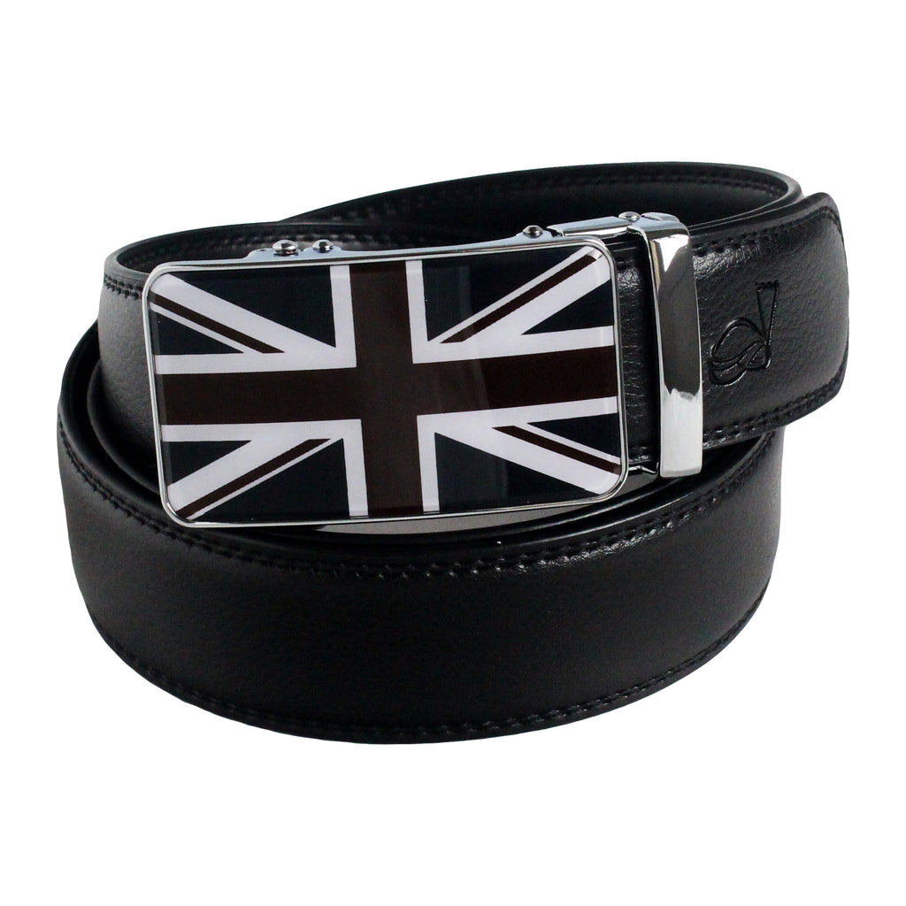 QHA Mens Union Jack British Flag 35mm Leather Ratchet Belt Automatic Buckle Q53
