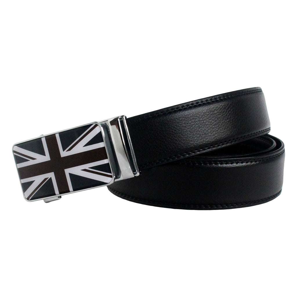 QHA Mens Union Jack British Flag 35mm Leather Ratchet Belt Automatic Buckle Q53
