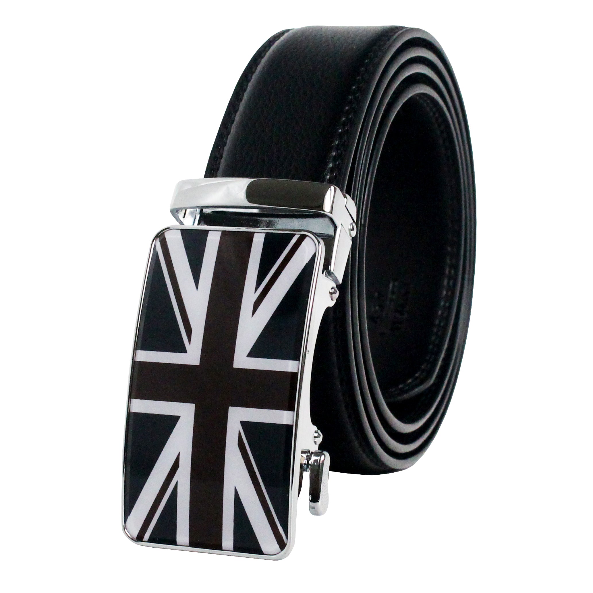QHA Mens Union Jack British Flag 35mm Leather Ratchet Belt Automatic Buckle Q53
