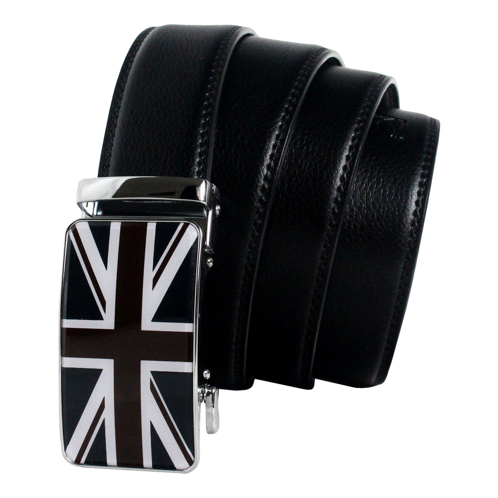 QHA Mens Union Jack British Flag 35mm Leather Ratchet Belt Automatic Buckle Q53