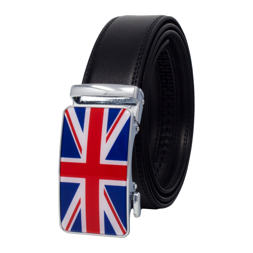 QHA Mens Union Jack British Flag 35mm Leather Ratchet Belt Automatic Buckle Q53