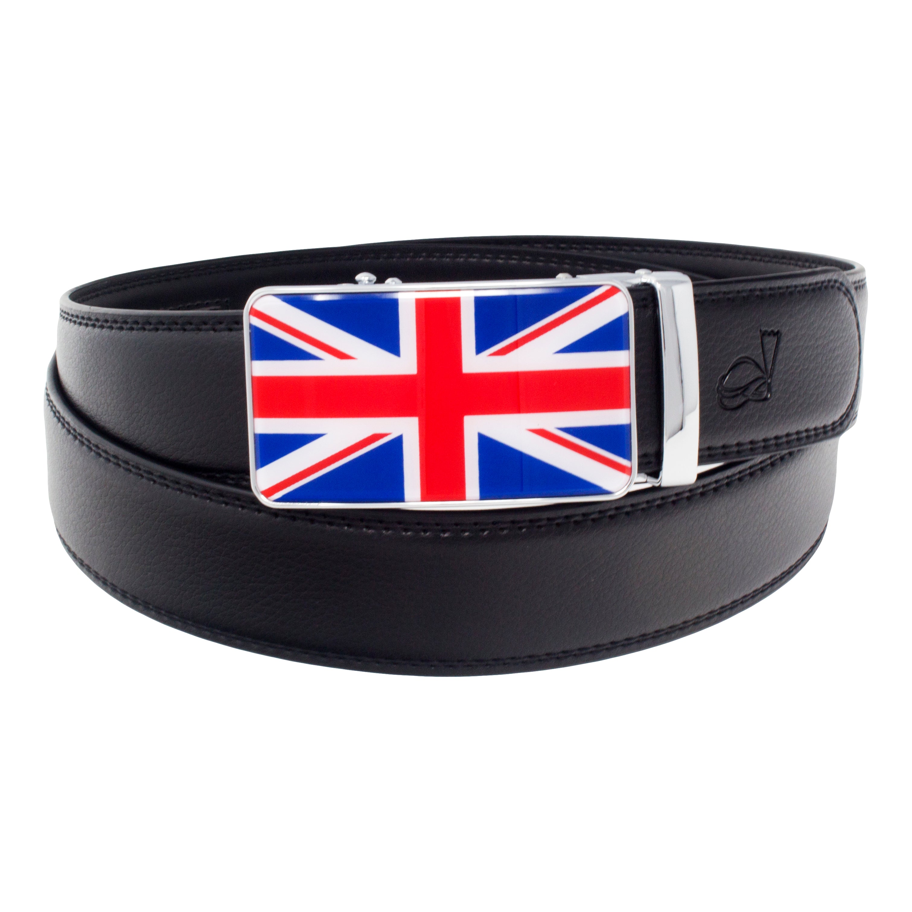 QHA Mens Union Jack British Flag 35mm Leather Ratchet Belt Automatic Buckle Q53