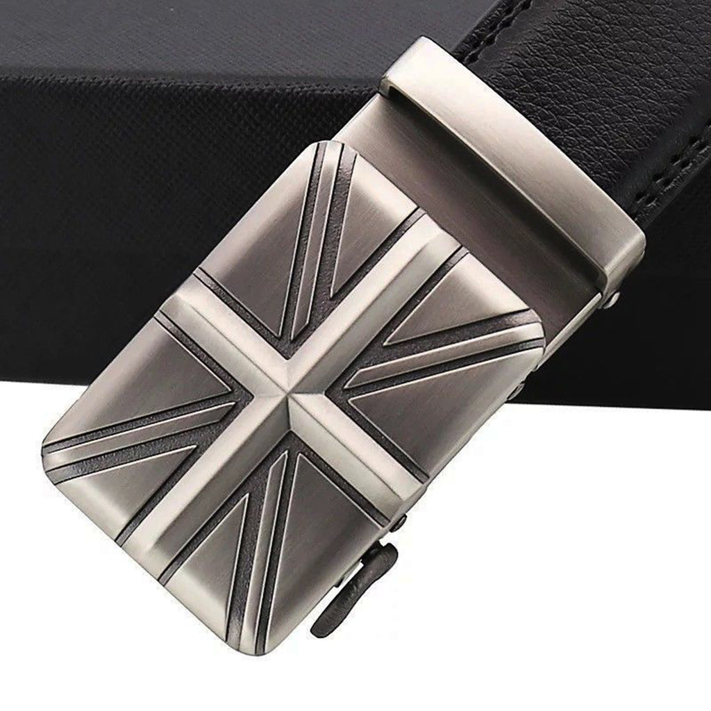 QHA Mens Union Jack British Flag 35mm Leather Ratchet Belt Automatic Buckle Q53
