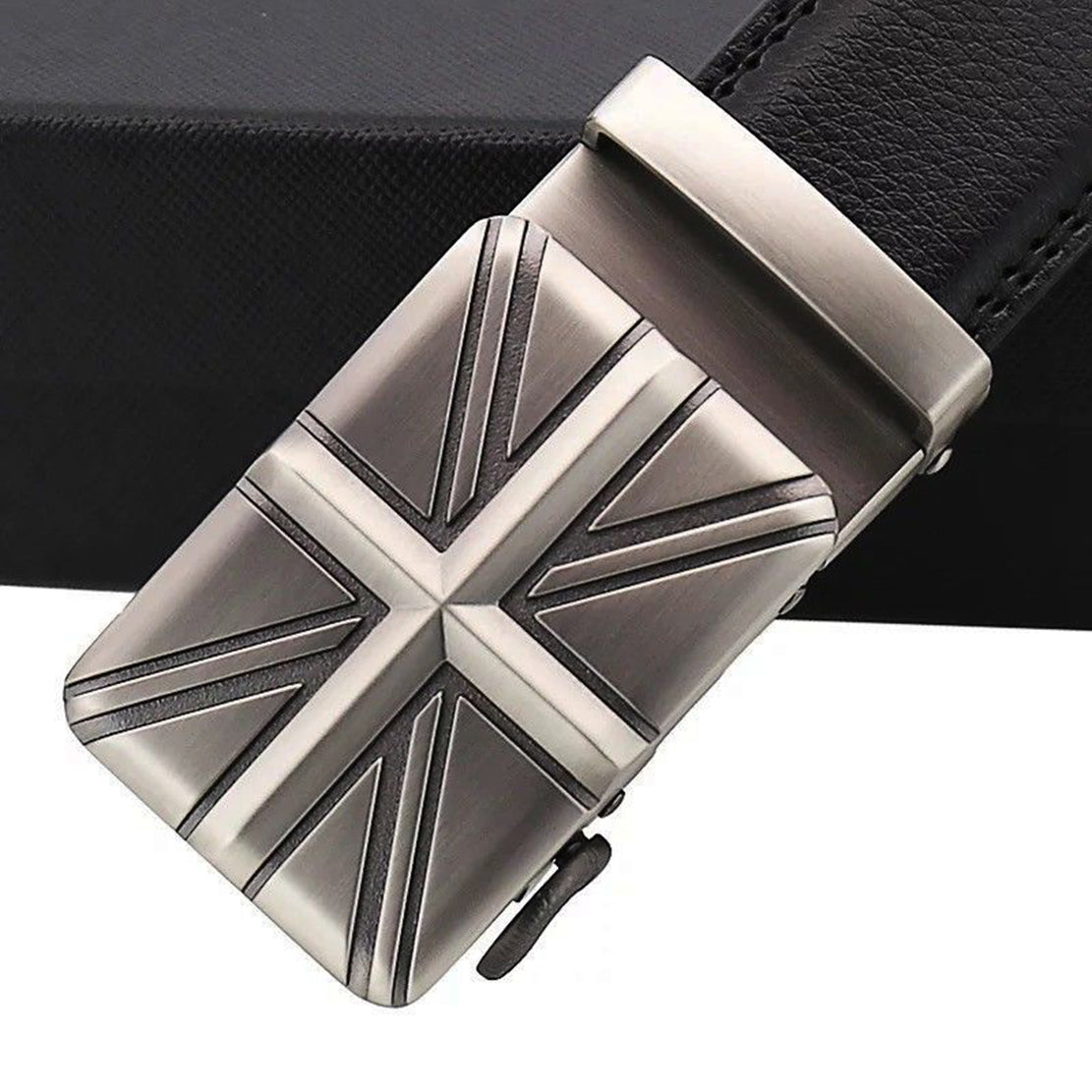 QHA Mens Union Jack British Flag 35mm Leather Ratchet Belt Automatic Buckle Q53