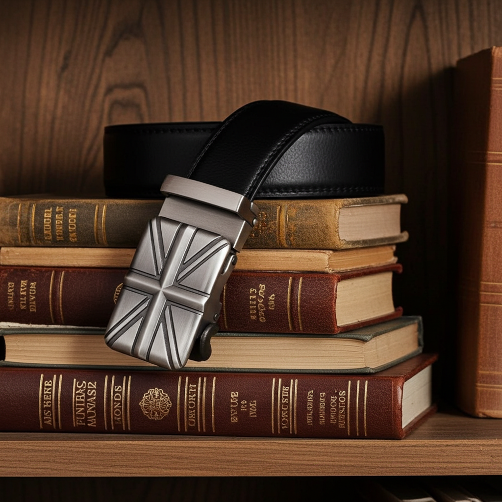 QHA Mens Union Jack British Flag 35mm Leather Ratchet Belt Automatic Buckle Q53