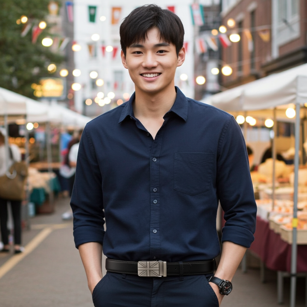 QHA Mens Union Jack British Flag 35mm Leather Ratchet Belt Automatic Buckle Q53