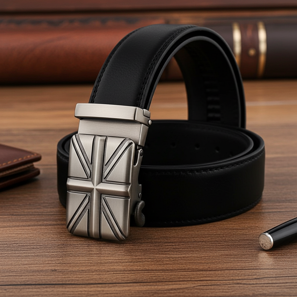 QHA Mens Union Jack British Flag 35mm Leather Ratchet Belt Automatic Buckle Q53