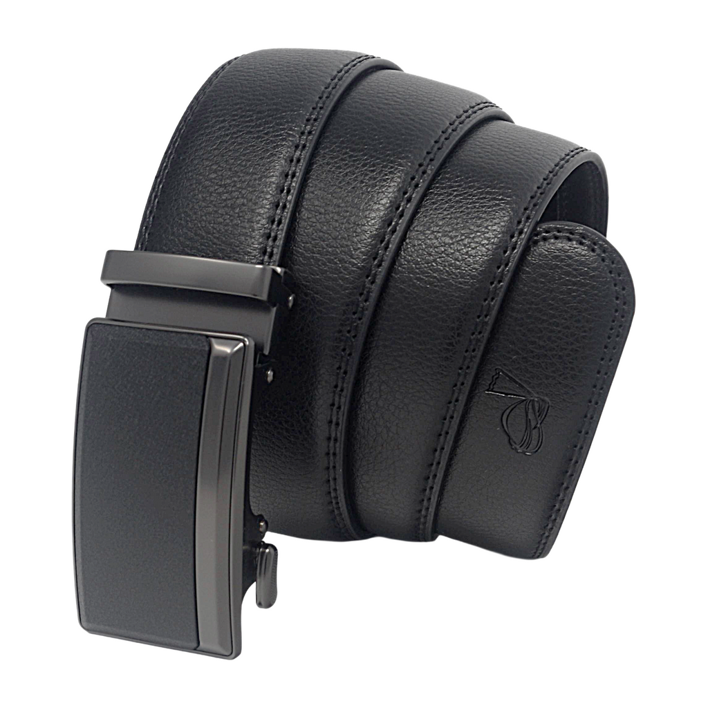 QHA Mens 35mm Ratchet Leather Belt, Gunmetal Brushed Plate Automatic Buckle Q75