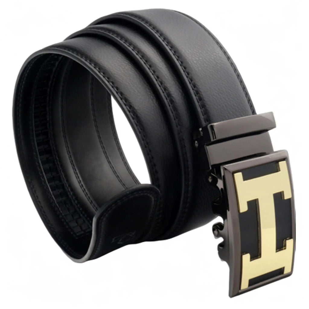 QHA Mens 35mm Ratchet Leather Belt, Polished Minimalist Automatic Buckle Q37