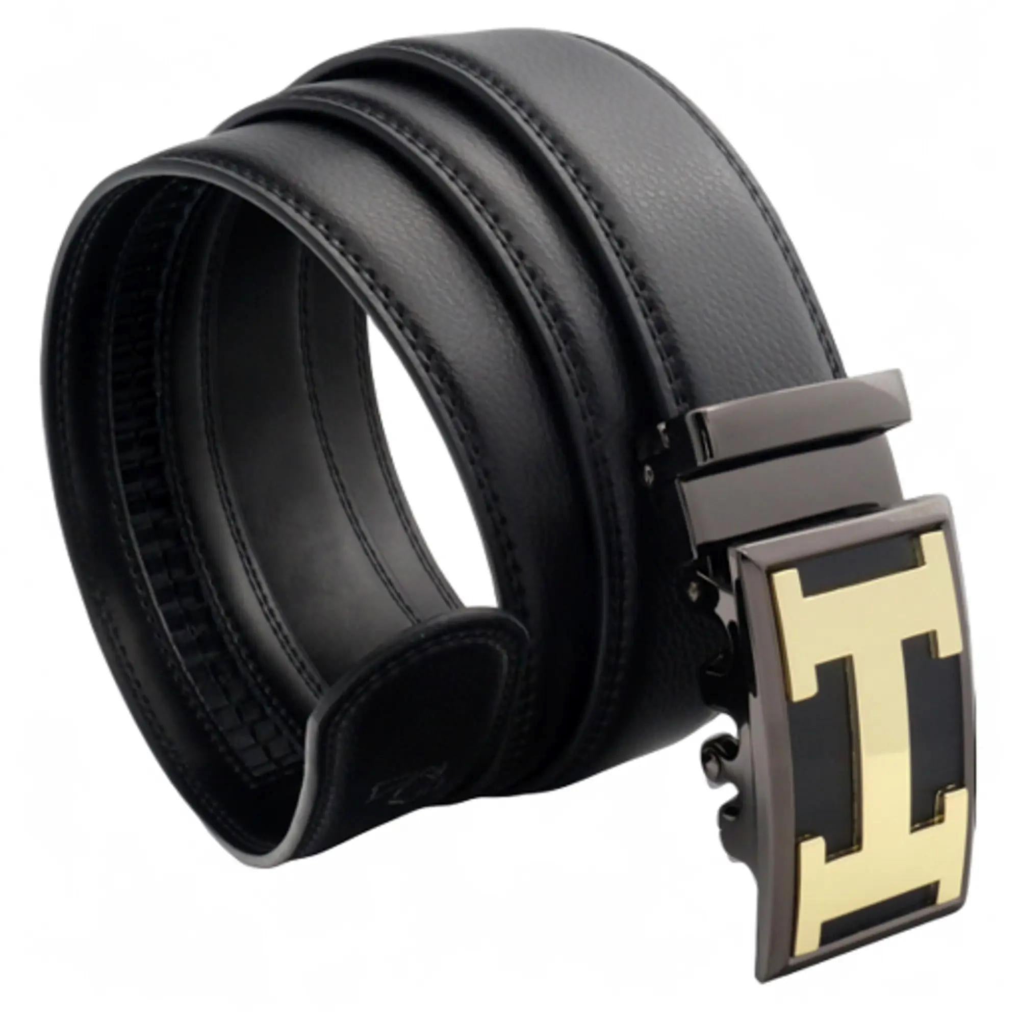 QHA Mens 35mm Ratchet Leather Belt, Polished Minimalist Automatic Buckle Q37