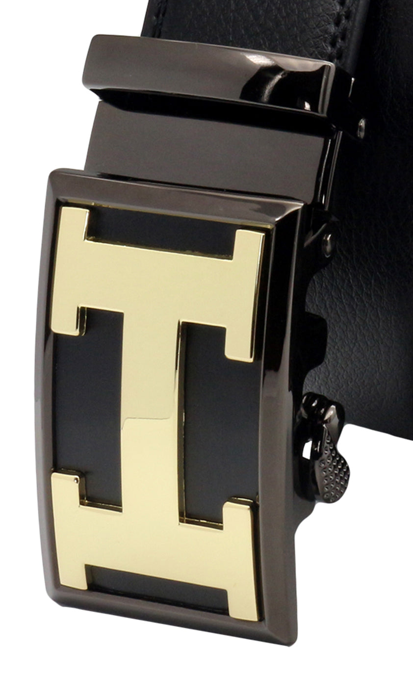 QHA Mens 35mm Ratchet Leather Belt, Polished Minimalist Automatic Buckle Q37