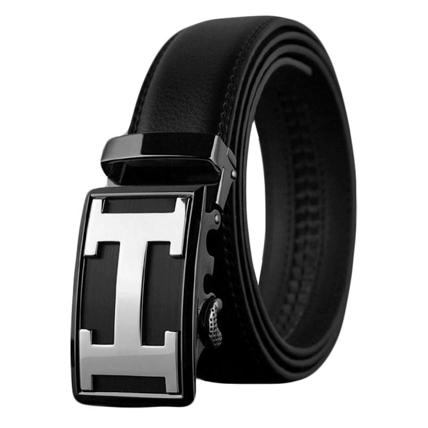 QHA Mens 35mm Ratchet Leather Belt, Polished Minimalist Automatic Buckle Q37