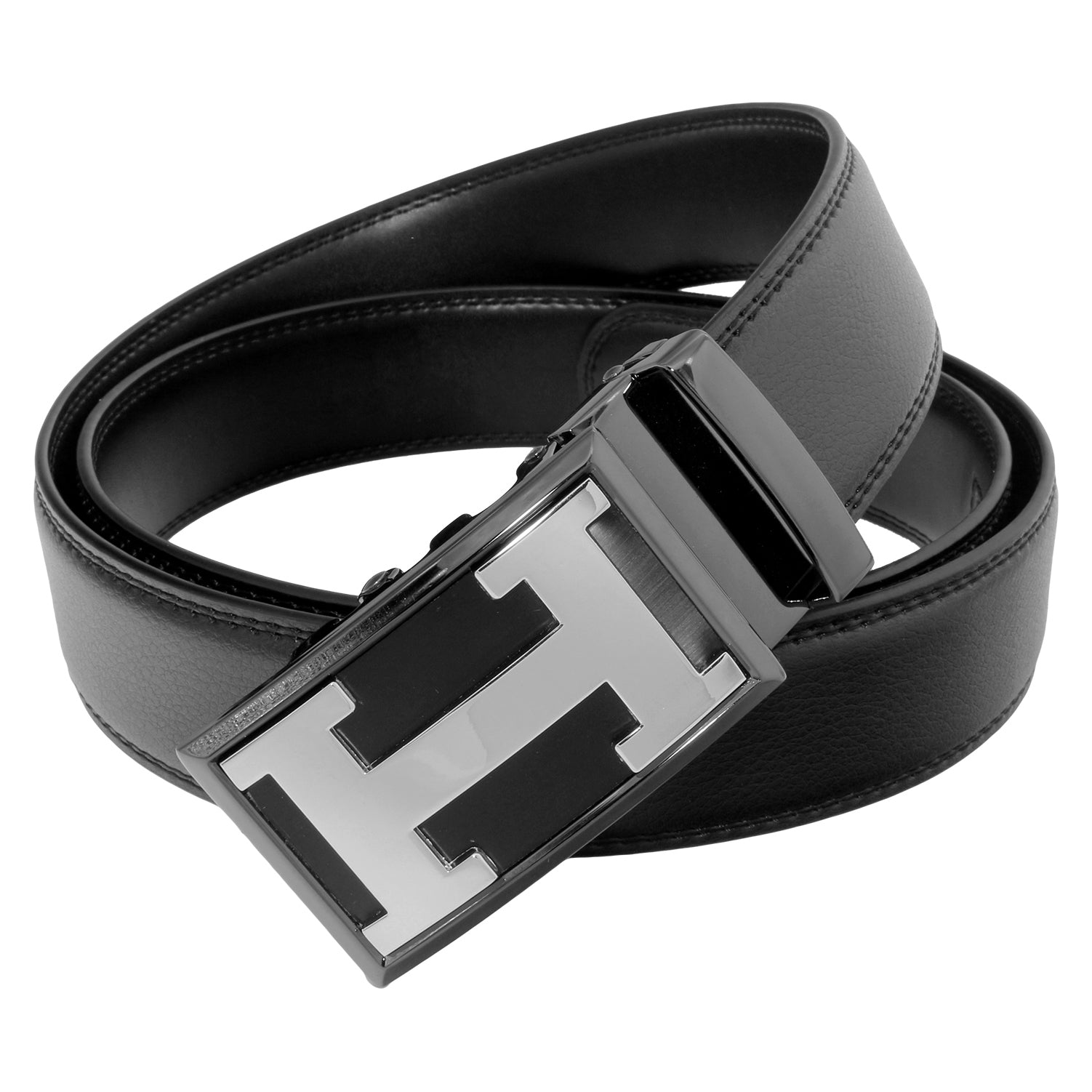 QHA Mens 35mm Ratchet Leather Belt, Polished Minimalist Automatic Buckle Q37