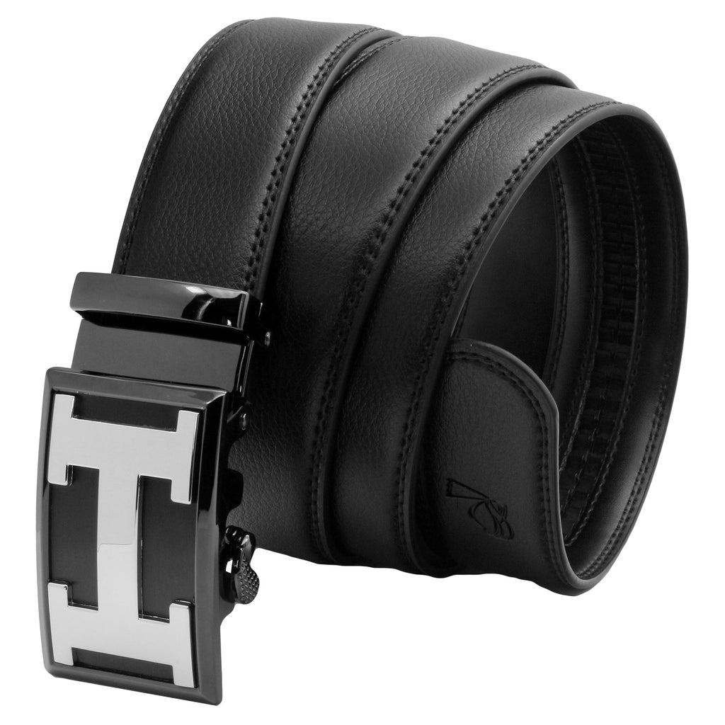 QHA Mens 35mm Ratchet Leather Belt, Polished Minimalist Automatic Buckle Q37