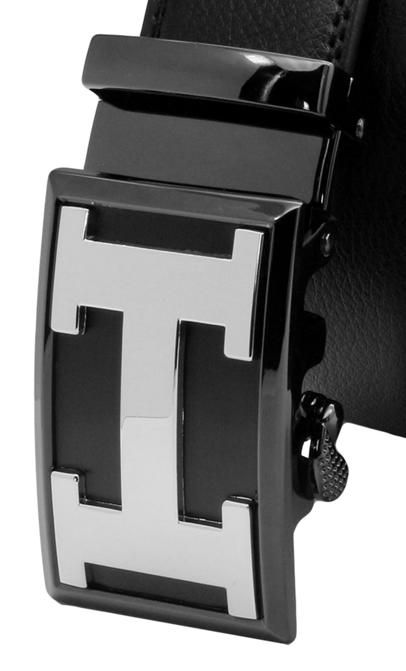 QHA Mens 35mm Ratchet Leather Belt, Polished Minimalist Automatic Buckle Q37
