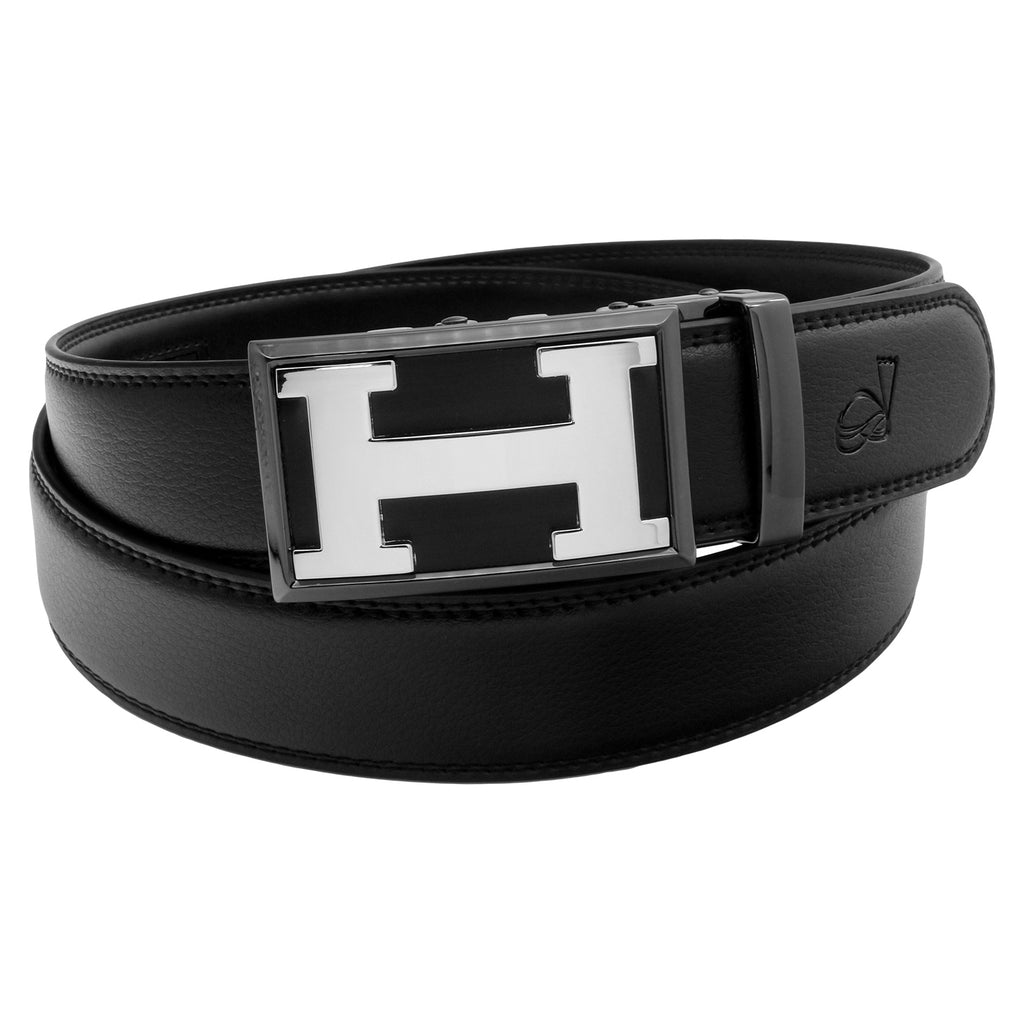 QHA Mens 35mm Ratchet Leather Belt, Polished Minimalist Automatic Buckle Q37