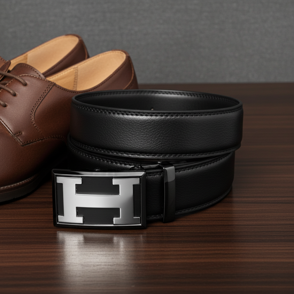 QHA Mens Ratchet Leather Belt Automatic Buckle 35mm Wide Q37
