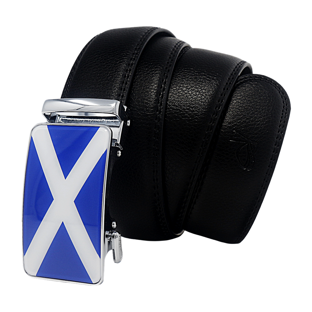 Mens Ratchet Leather Belt Scottish Flag Designer Automatic Sliding Buckle Q70