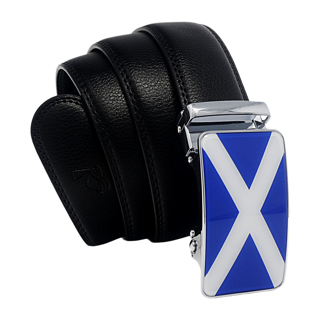QHA Mens 35mm Ratchet Leather Belt, Scottish Saltire Flag Automatic Buckle Q70