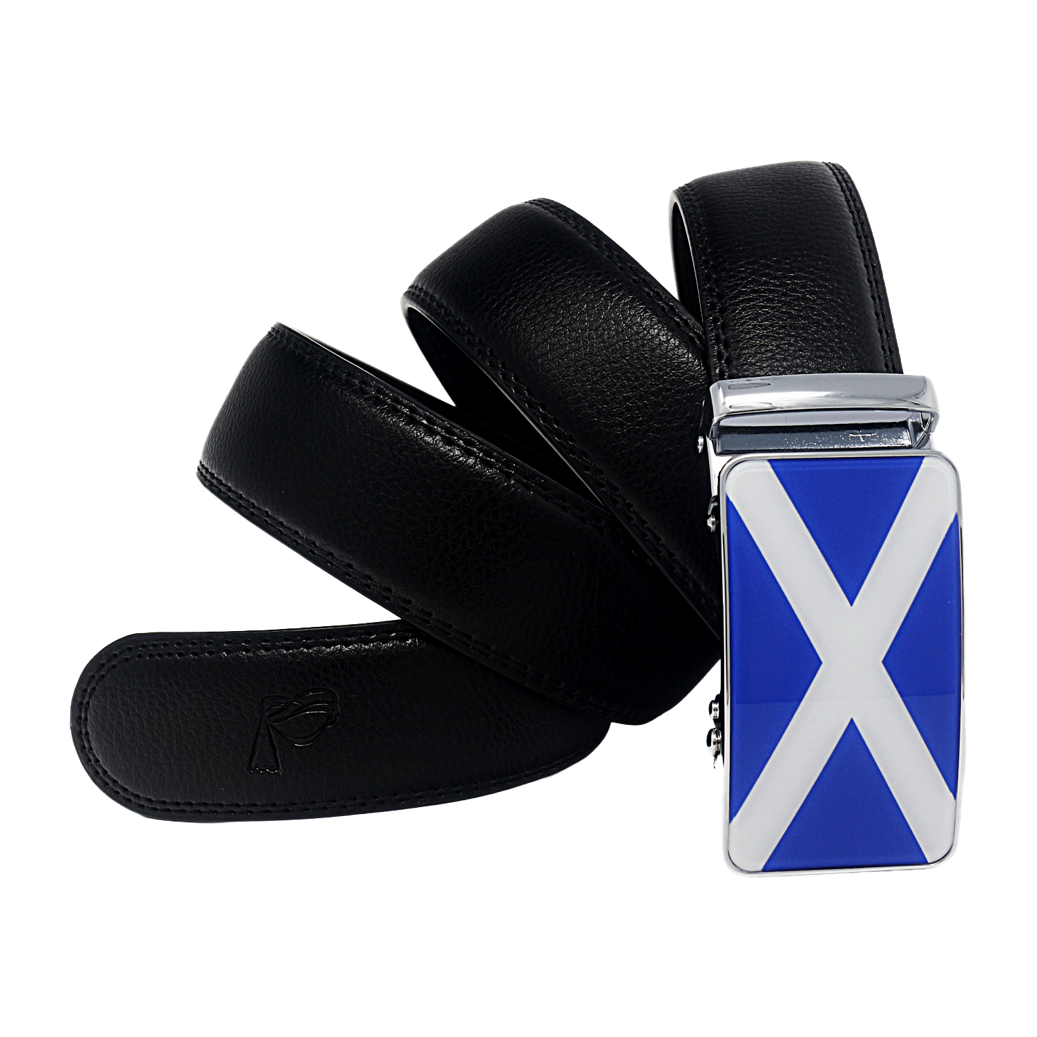 QHA Mens 35mm Ratchet Leather Belt, Scottish Saltire Flag Automatic Buckle Q70