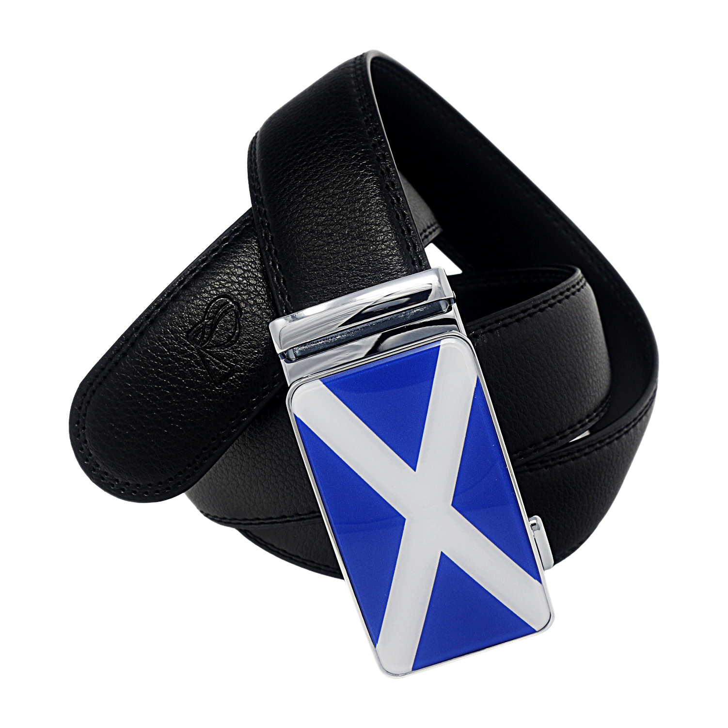 Mens Ratchet Leather Belt Scottish Flag Designer Automatic Sliding Buckle Q70