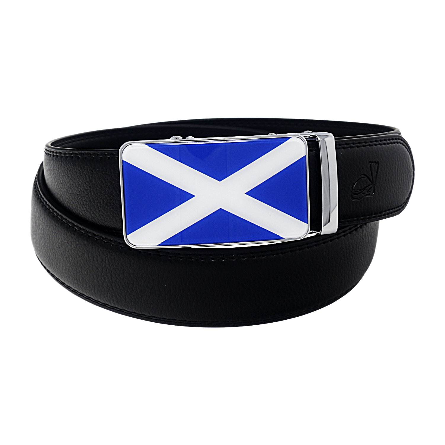 QHA Mens 35mm Ratchet Leather Belt, Scottish Saltire Flag Automatic Buckle Q70