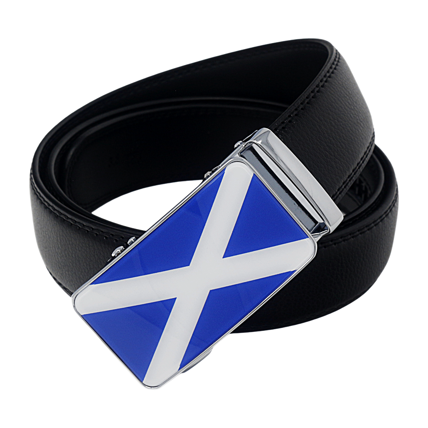 QHA Mens 35mm Ratchet Leather Belt, Scottish Saltire Flag Automatic Buckle Q70