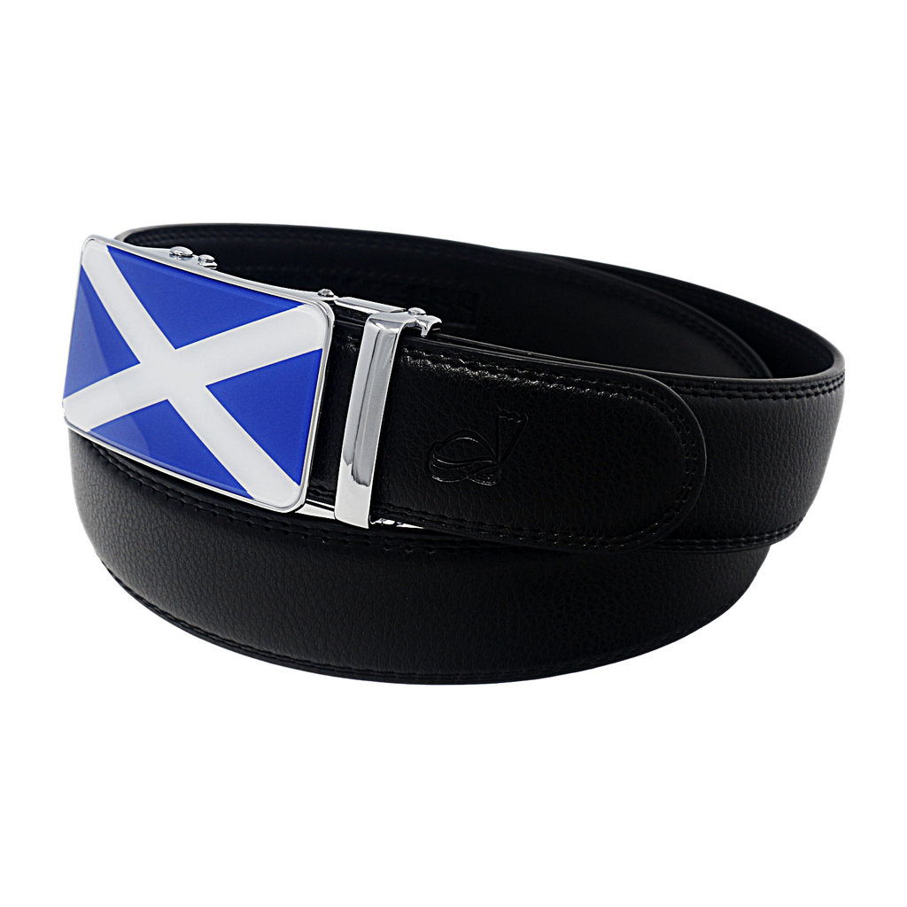 QHA Mens 35mm Ratchet Leather Belt, Scottish Saltire Flag Automatic Buckle Q70