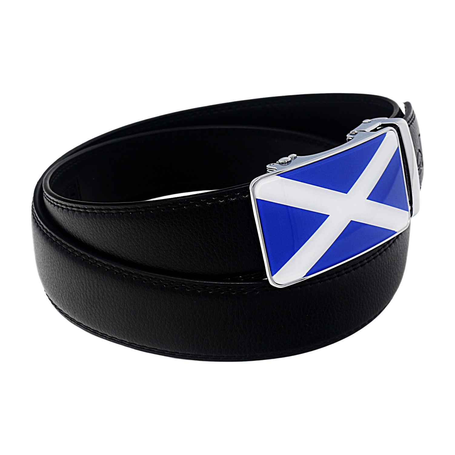 QHA Mens 35mm Ratchet Leather Belt, Scottish Saltire Flag Automatic Buckle Q70
