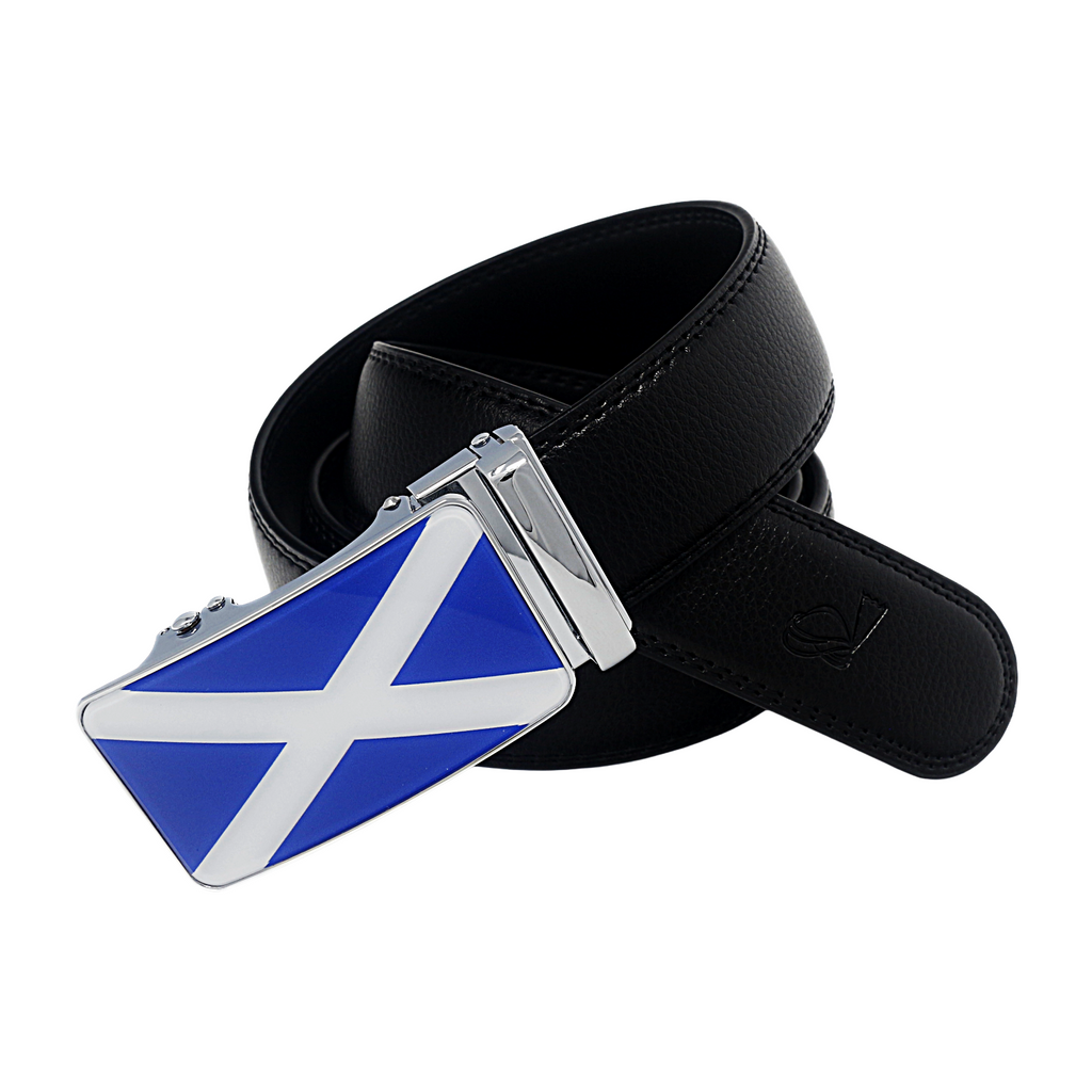 Mens Ratchet Leather Belt Scottish Flag Designer Automatic Sliding Buckle Q70