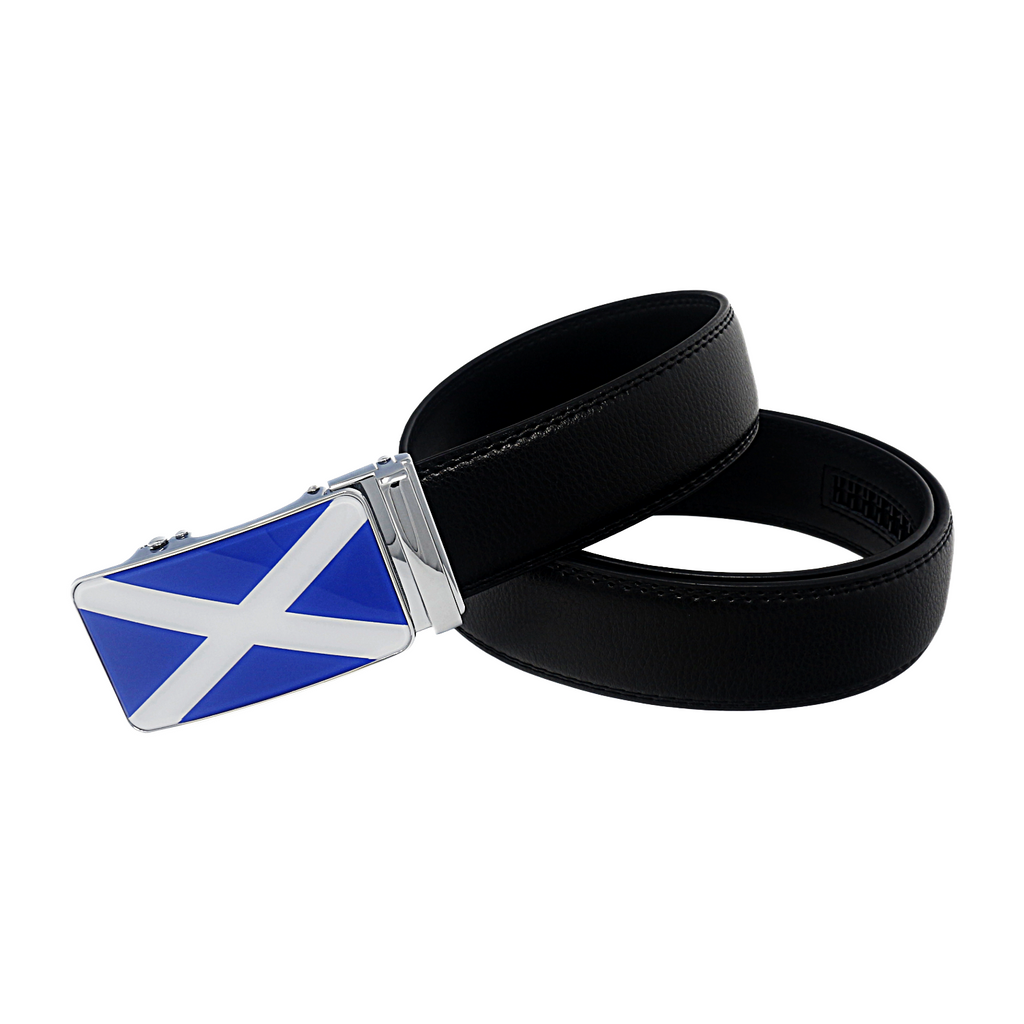 QHA Mens 35mm Ratchet Leather Belt, Scottish Saltire Flag Automatic Buckle Q70